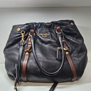 Prada Milano Black Pebbled Leather Tote with Brown Trim